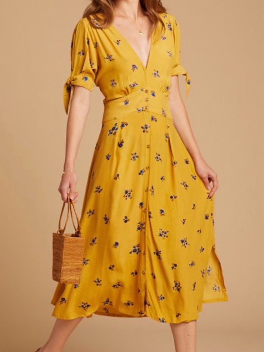 Women’s Yellow Floral V-Neck Midi Dress